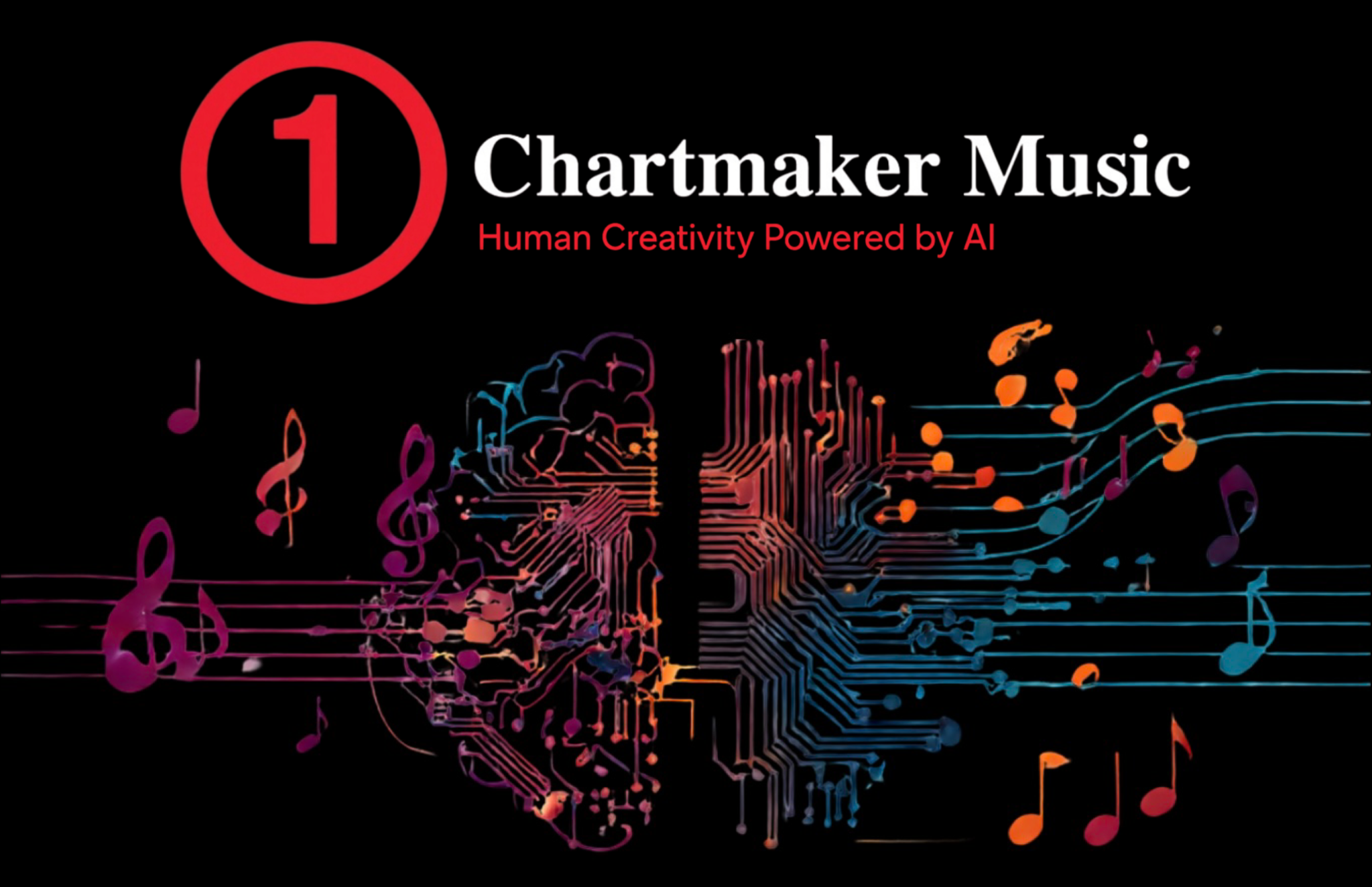 The Chartmaker Music logo above colorful musical notes and circuit patterns forming a brain.